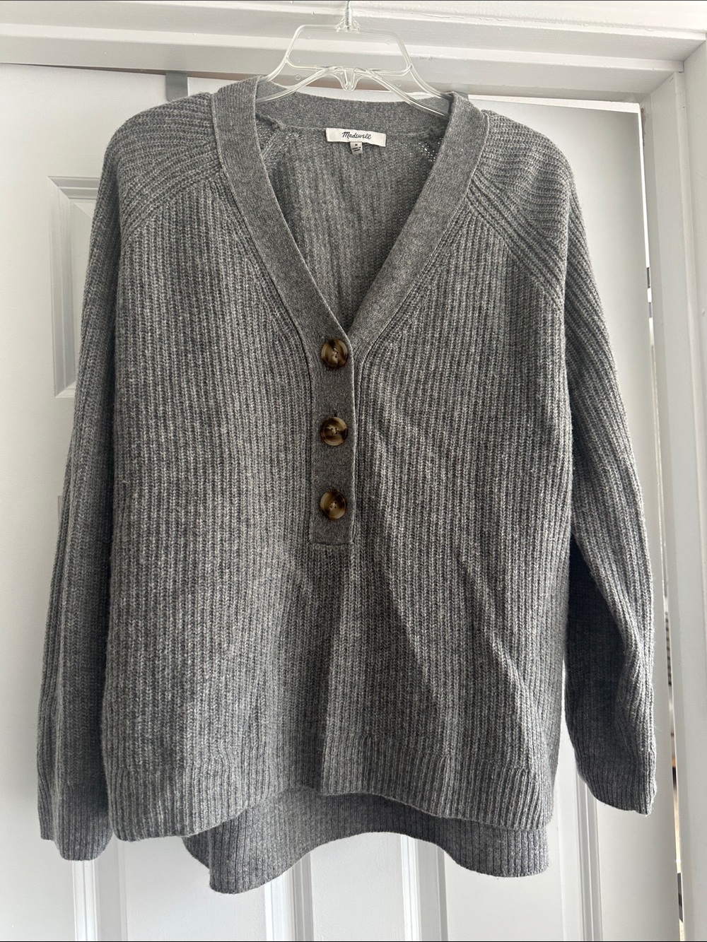 Madewell Gray Ribbed V-Neck Button Sweater